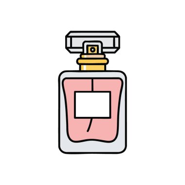 Zarif parfüm şişesi ikonu. Zarif bir şekli ve yumuşak pembe sıvısı olan kozmetik bir şişenin şık dijital çizimi. Lüks, güzellik ve kişisel kokuyu çağrıştırıyor..