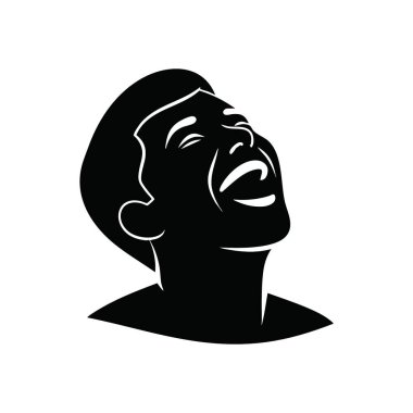 Soyut Neşeli Kahkaha İfadesi. Bir insanın profilinin minimalist grafiği, derin bir zevkle yukarıya bakıyor. Dokunulmamış saadet ve özgürlüğün güçlü bir sembolü..