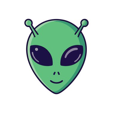 Dost canlısı Yeşil Uzaylı Surat. Geniş siyah gözleri ve antenleri olan sevimli kozmik bir varlık. Uzay, keşif ve hayal gücü temaları için ideal..