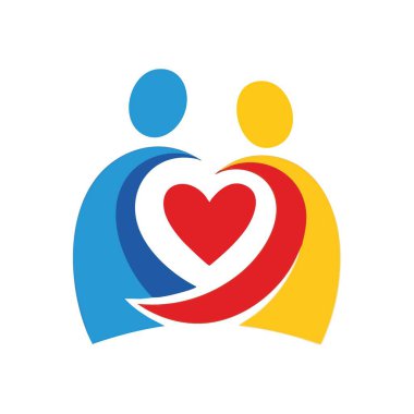 Kalp Simgesini Tutan Soyut İnsanlar. İki stilize bireyin belirgin bir sevgi sembolü etrafında koruyucu bir kucaklaşma oluşturduğunu gösteren canlı bir grafik. Bu sembol, paylaşılan merhameti simgeler..