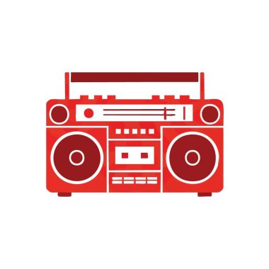 Retro Red Boombox Simgesi. Kaliteli estetiği olan canlı kırmızı bir ses oynatıcı. Bu grafik eski moda hip hop, harika bir film müziği ve müzikal enerjiyi simgeliyor..