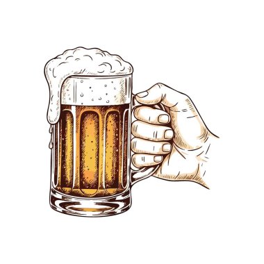 El sıkışan köpüklü bira kupası. Klasik illüstrasyon, köpüklü altın bardak kaldıran birini sunar. Bu sanat eseri kutlamayı, dostluğu ve eğlenceyi simgeliyor..