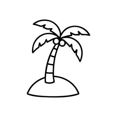 Cennet Palmiyesi Silueti. Küçük bir kum tepeciğindeki izole hindistan cevizi bitkisinin beyaz grafiği, rahatlatıcı bir yaz kaçamağı ve huzurlu sahil kaçamaklarını temsil ediyor..