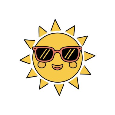 Neşeli güneş gözlüğü takıyor. Bu hoş sarı küre sıcak ve neşe saçıyor. Dost canlısı bir yüz ve modaya uygun bir göz giysisi var. Güneşli günler ve pozitif titreşimler için mükemmel bir amblem..