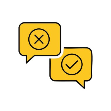 Onay ve Reddetme Simgeleri. Seçimi, sonucu ve geri bildirimi tasvir eden vektör illüstrasyonu. Anlaşmayı ya da anlaşmazlığı, olumlu ya da olumsuz kararları, kabul etmeyi ya da reddetmeyi simgeler.