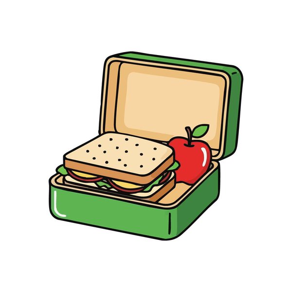 Иллюстрация школьных обедов. Открытый зеленый носитель содержит вкусный упакованный сэндвич и хрустящие красные фрукты. Этот образ испарит детство, ежедневное питание и готовность к обучению.