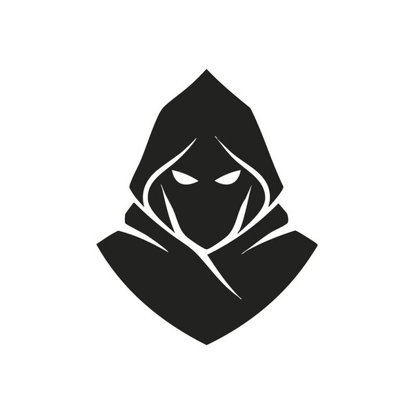 Enigmatic Shadow Figure. Minimalist portrait depicting a robed individual, gaze glowing from deep within obscurity. Symbolizes intrigue, vigilance, or clandestine identities.