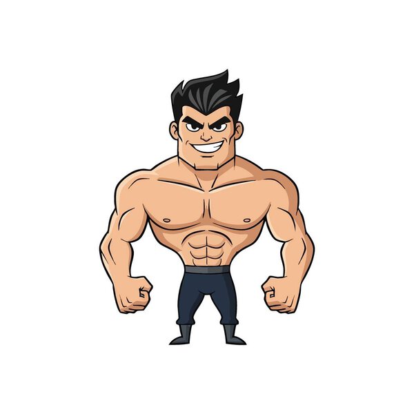 Мускулистый герой мультфильма. Мужественный анимированный мужчина со спортивным телосложением и уверенным выражением лица. Эта иллюстрация символизирует силу, пригодность и непоколебимую уверенность в себе.