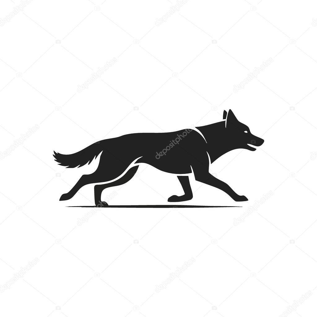 Vigilant Canine Stride. Striking graphic of a powerful wolf or large dog in stealthy movement. Its intense gaze embodies instinct, wisdom, and untamed essence.