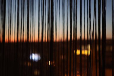 Bulanık bir gün batımına ve uzak şehir ışıklarına karşı dikey sicimlerin silueti soyut ve rüya gibi bir hava yaratıyor. Canlı arkaplan renklerine sahip koyu renkli çizgilerin karşıtlığı görsel ilgiyi artırır.