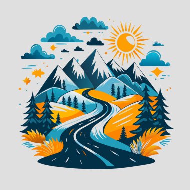 Scenic Mountain Road T-Shirt Design - Colorful Landscape, Sun, and Adventure Art clipart