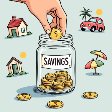 Saving Money for Future Goals Icon with Jar and Coins Illustration clipart