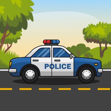 Cartoon Illustration of Police Car in Mountainous Forest Setting - Law Enforcement Vehicle Art