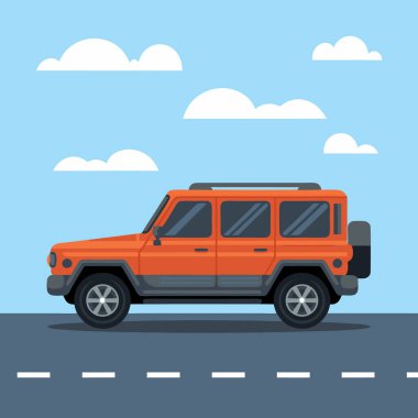 Modern Orange SUV 'un Yoldaki Düz Tasarım Çizimi - Moda Aracı Grafik Aracı