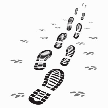 Image showcasing various footprint silhouettes in diverse styles and colors against a green background. Ideal for design concepts and symbolic representations of walking or movement. clipart