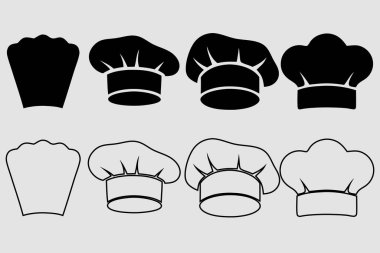 This image displays a set of six chef's hat icons, three in solid black and three in outlined black, against a neutral gray background. clipart