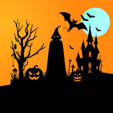 Cadılar Bayramı Perili ve Korkunç Hayalet Evi Siluet Vektörü illüstrasyonu