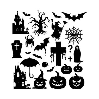 Büyük Korku Cadılar Bayramı Siluetleri Beyaz Arkaplan üzerinde Simge Vektör illüstrasyonu.