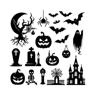 Büyük Korku Cadılar Bayramı Siluetleri Beyaz Arkaplan üzerinde Simge Vektör illüstrasyonu.