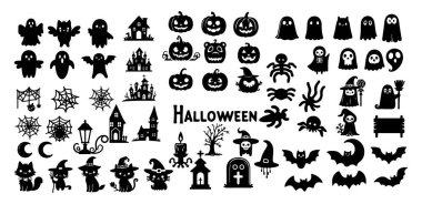 Büyük Korku Cadılar Bayramı Siluetleri Beyaz Arkaplan üzerinde Simge Vektör illüstrasyonu.