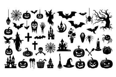 Büyük Korku Cadılar Bayramı Siluetleri Beyaz Arkaplan üzerinde Simge Vektör illüstrasyonu.