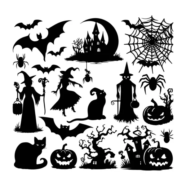 Büyük Korku Cadılar Bayramı Siluetleri Beyaz Arkaplan üzerinde Simge Vektör illüstrasyonu.