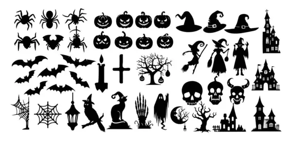 Büyük Korku Cadılar Bayramı Siluetleri Beyaz Arkaplan üzerinde Simge Vektör illüstrasyonu.