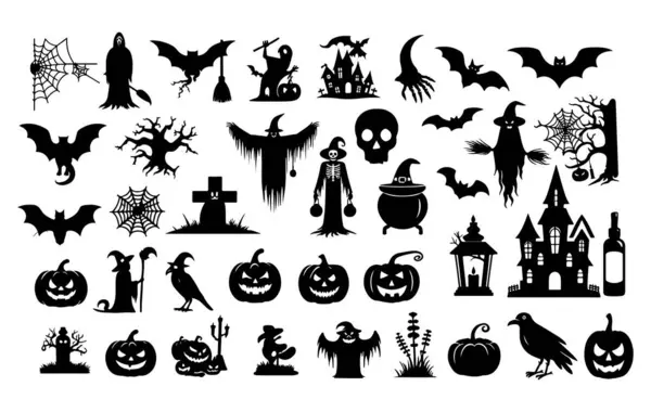 Büyük Korku Cadılar Bayramı Siluetleri Beyaz Arkaplan üzerinde Simge Vektör illüstrasyonu.