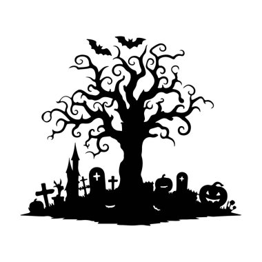 Cadılar Bayramı Korkunç Ağaç Siluetleri Beyaz Arkaplanda Vektör.
