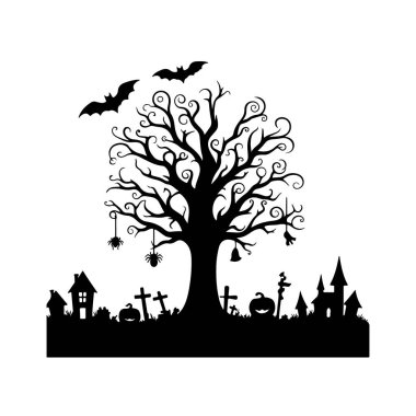 Cadılar Bayramı Korkunç Ağaç Siluetleri Beyaz Arkaplanda Vektör.