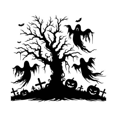 Cadılar Bayramı Korkunç Ağaç Siluetleri Beyaz Arkaplanda Vektör.