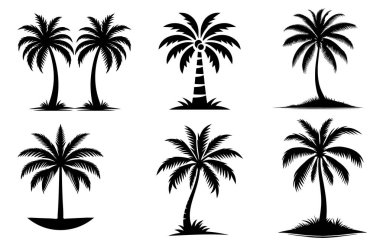Tropik Kara Palmiye Ağaçları Silueti, Palmiye Ağacı Vektörü Resimleri Beyaz Arkaplanda İzole Edildi.