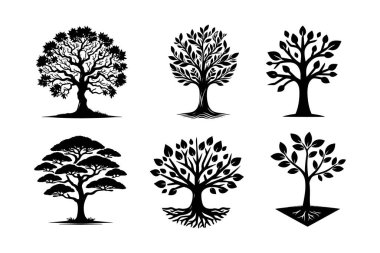 Beyaz Arkaplanda Tasarım İçin Basit Ağaç Silüeti Koleksiyonu, Grafik Ağaç Elementleri Kümesi.
