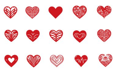 Biçimlendirilmiş Kalp Şekilleri Simge Kümesi, Beyaz Arkaplan Üzerine Romantik Kalp Simgesi Vektör İllüstrasyonu. 