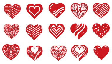 Biçimlendirilmiş Kalp Şekilleri Simge Kümesi, Beyaz Arkaplan Üzerine Romantik Kalp Simgesi Vektör İllüstrasyonu. 