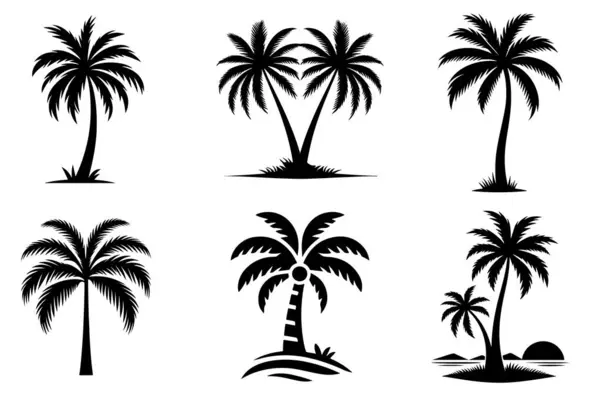 Tropik Kara Palmiye Ağaçları Silueti, Palmiye Ağacı Vektörü Resimleri Beyaz Arkaplanda İzole Edildi.