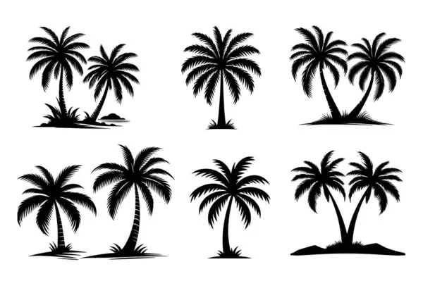 Tropik Kara Palmiye Ağaçları Silueti, Palmiye Ağacı Vektörü Resimleri Beyaz Arkaplanda İzole Edildi.
