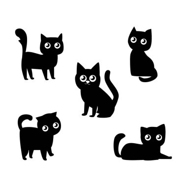 Beyaz Arkaplanda Farklı Pozisyonlarda Siyah Siluet Vektör Kediler