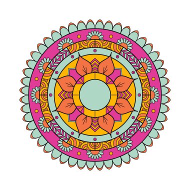 Renkli Yuvarlak Süslü Çiçek Mandala Şablonu, Beyaz İzole Arkaplan Etnik Mandala.