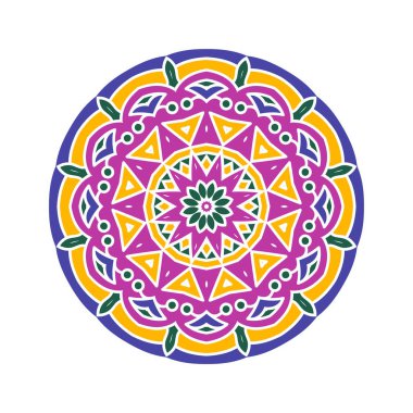 Renkli Yuvarlak Süslü Çiçek Mandala Şablonu, Beyaz İzole Arkaplan Etnik Mandala.