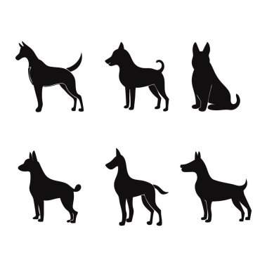 Beyaz arkaplanda birçok köpeğin koleksiyonu Siluet vektör çizimi