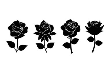 Beyaz arkaplanda Siyah Gül Siluet vektör çizimi demeti