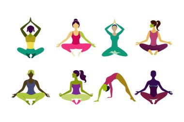 Farklı Pozisyonlarda Kadın Yogası Pozisyonları Vektör illüstrasyonları
