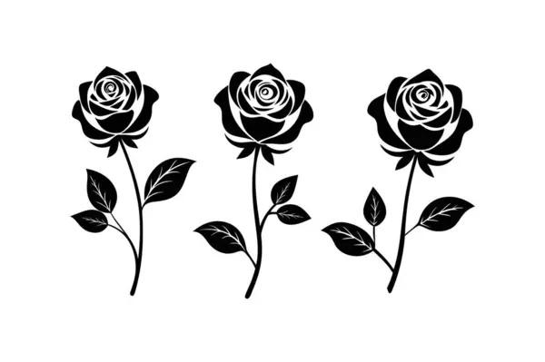 Beyaz arkaplanda Siyah Gül Siluet vektör çizimi demeti
