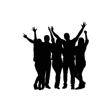 Olayları kutlayan geniş bir grup insan beyaz arka plana karşı durarak kollarını kaldırdı.