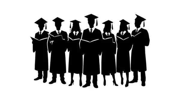 Üniversite ya da üniversite öğrencileri grubu mezuniyet vektörü. Öğrenciler mezuniyet silueti çizimi 