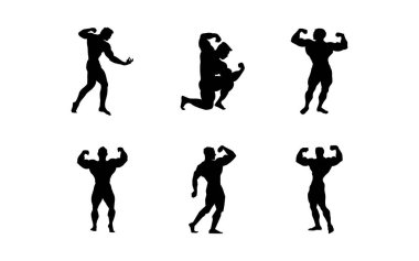 Bir grup erkek vücut geliştirici vektör çizimi. Vücut geliştiriciler çizgi film silueti seti