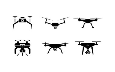 Drone vektör simgesi ayarlandı. Vektör dron simgesi tasarımı. Drone vektör siluet simgesi illüstrasyonu