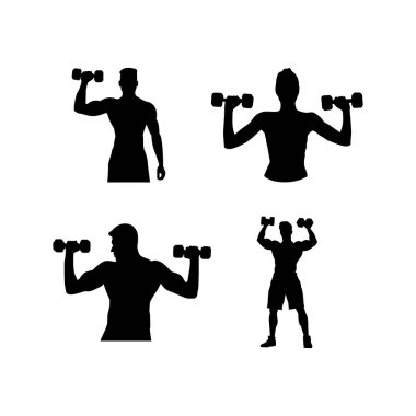 Erkek vücut geliştirici siluet simgesi seti. Dambıl ikon vektör illüstrasyonlu adam