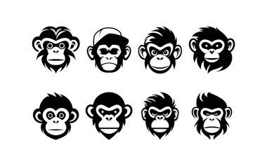 Maymun kafa simgesi seti. Beyaz arkaplanda şirin maymun yüz simgesi çizimi
